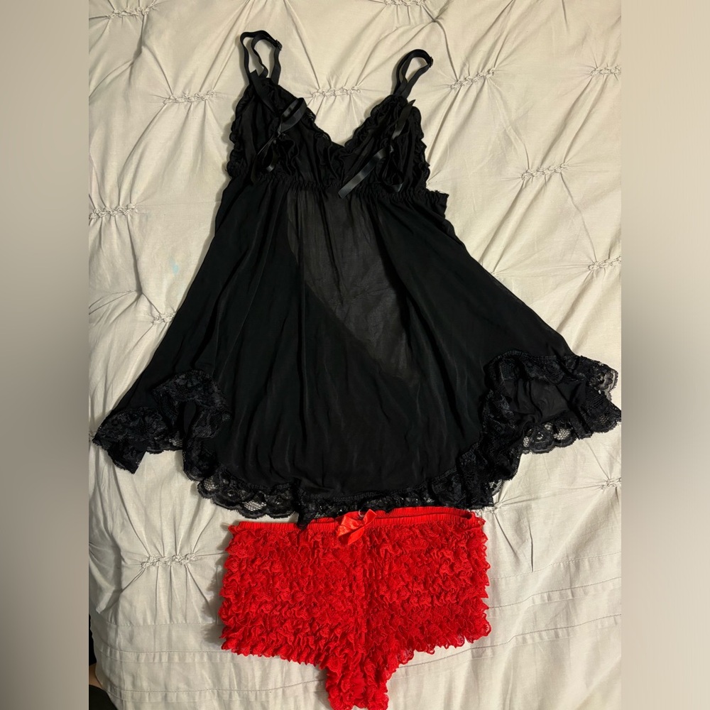 Electric lingerie with red ruffled boy shorts.